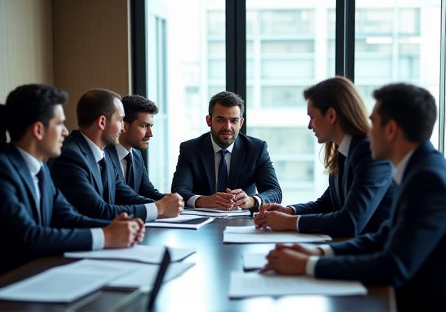 Abogados reunidos en la sala de conferencias de Alas Legales, discutiendo estrategias.